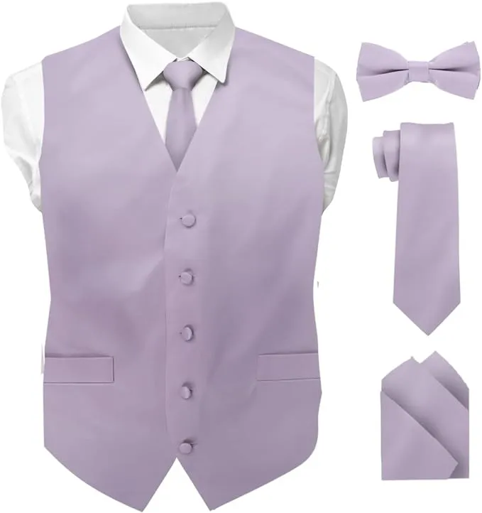 Vittorio Farina Men's Satin Vest, Necktie, Bow Tie and Pocket Square Set (White Back)