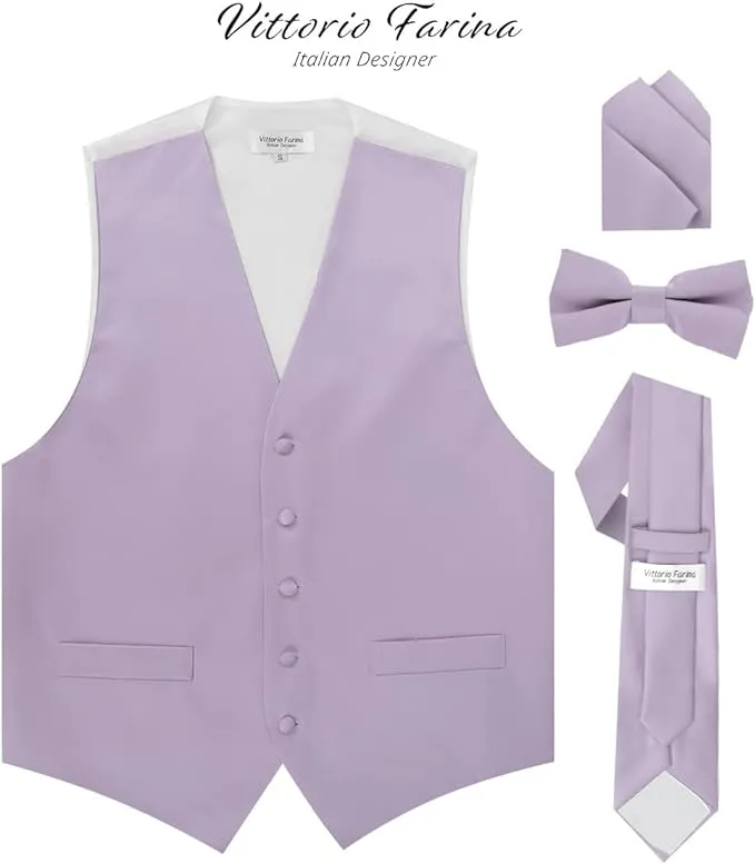 Vittorio Farina Men's Satin Vest, Necktie, Bow Tie and Pocket Square Set (White Back)