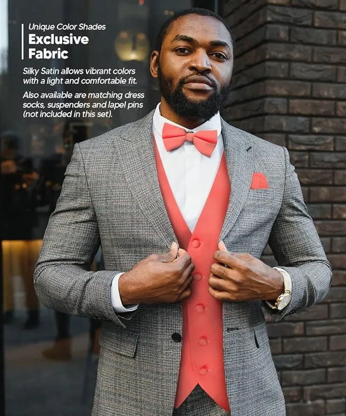 Vittorio Farina Men's Satin Vest, Necktie, Bow Tie and Pocket Square Set (White Back)