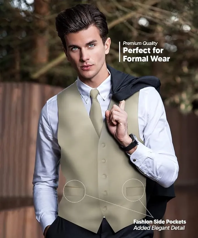 Vittorio Farina Men's Satin Vest, Necktie, Bow Tie and Pocket Square Set (White Back)