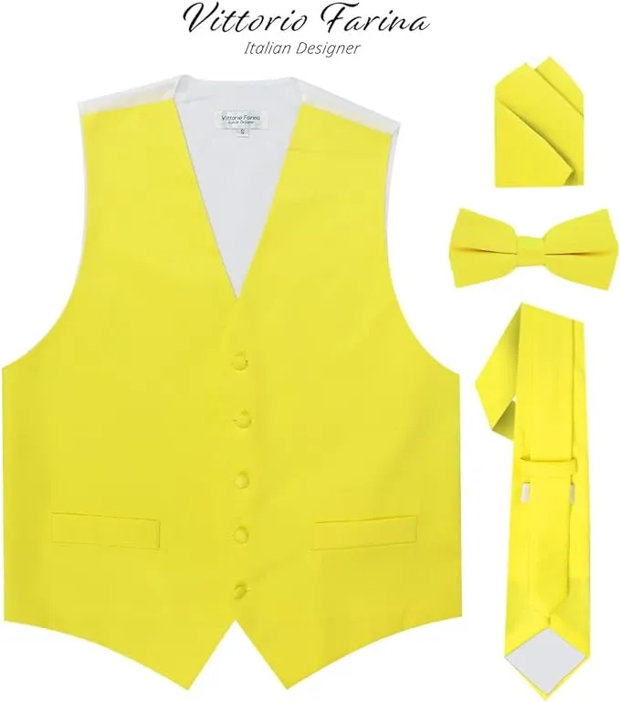 Vittorio Farina Men's Satin Vest, Necktie, Bow Tie and Pocket Square Set (White Back)