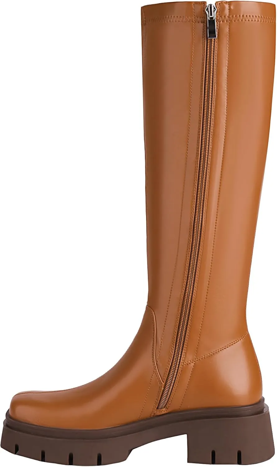 vivianly Women's Fashion Knee High Boots Chunky Block Heel Square Toe Zipper Long Boot