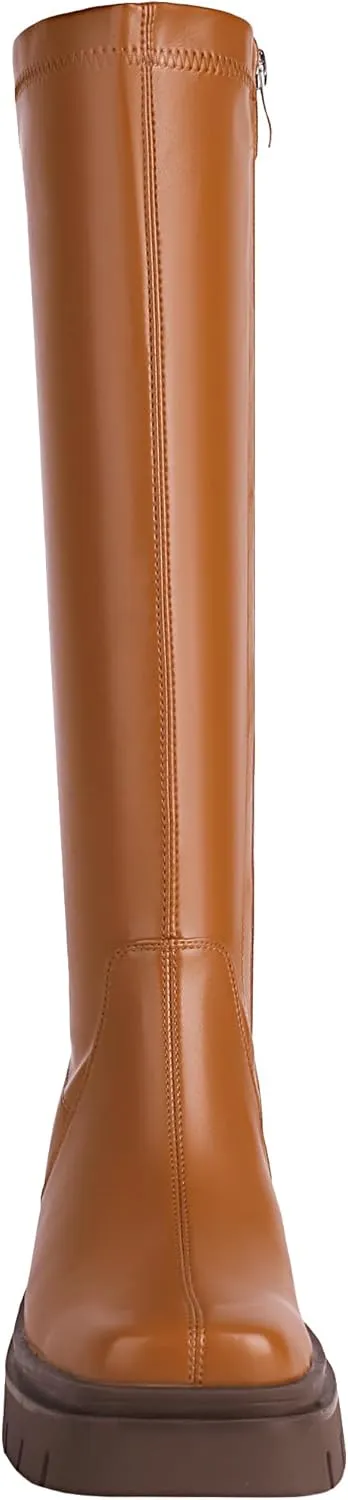 vivianly Women's Fashion Knee High Boots Chunky Block Heel Square Toe Zipper Long Boot