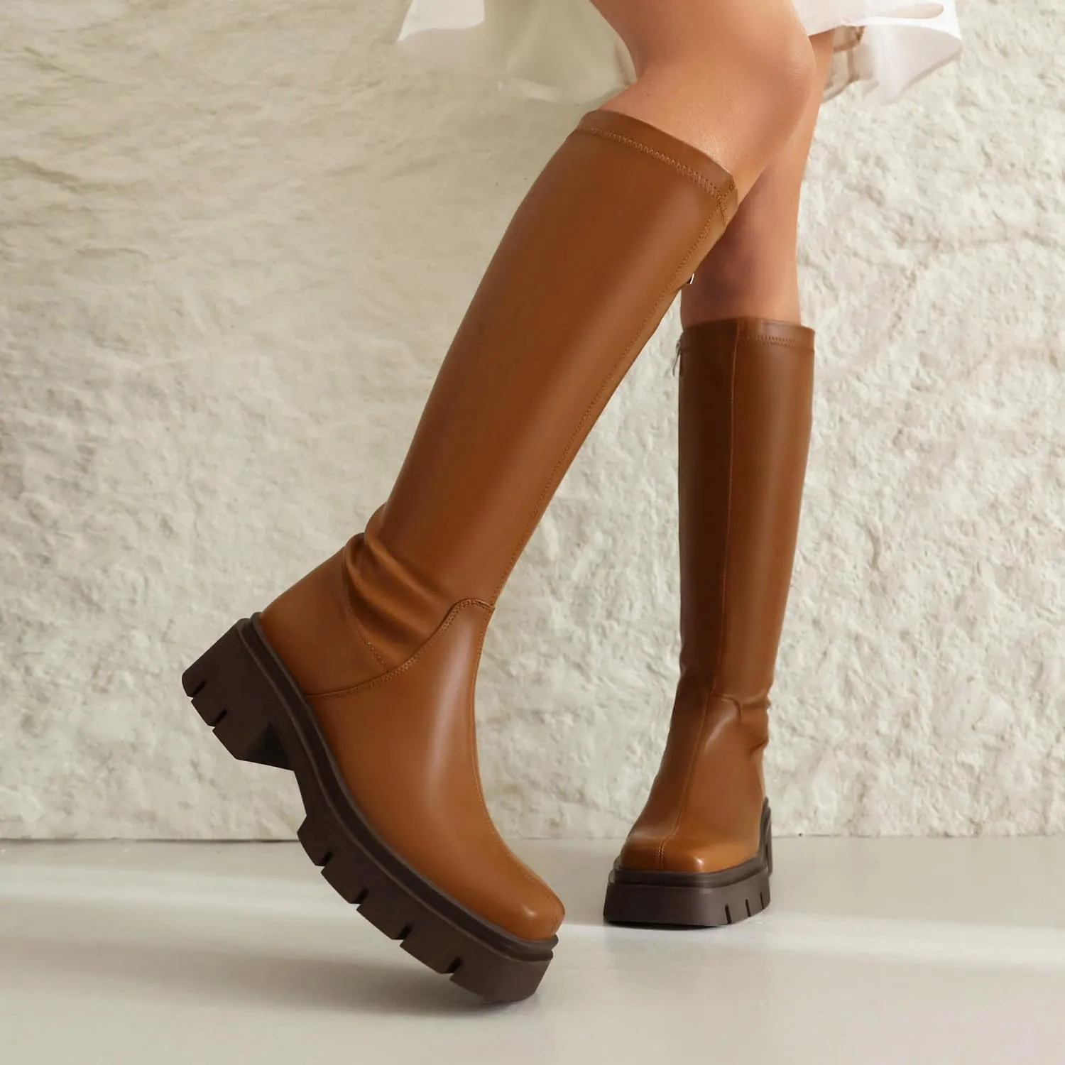 vivianly Women's Fashion Knee High Boots Chunky Block Heel Square Toe Zipper Long Boot