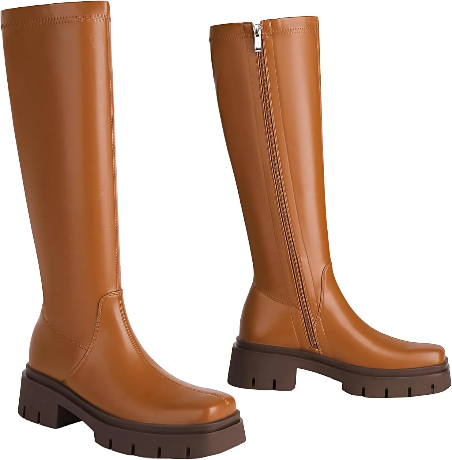vivianly Women's Fashion Knee High Boots Chunky Block Heel Square Toe Zipper Long Boot