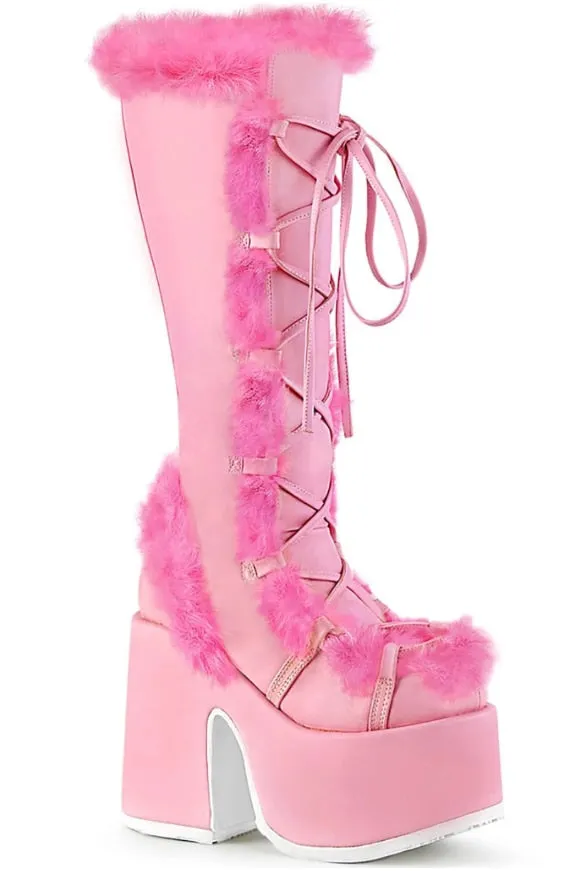 White Fur High Platform Boots High Chunky Heel Round Toe Mid Calf Boots Elegant Women Casual Outfit Winter Cross Tied Shoes