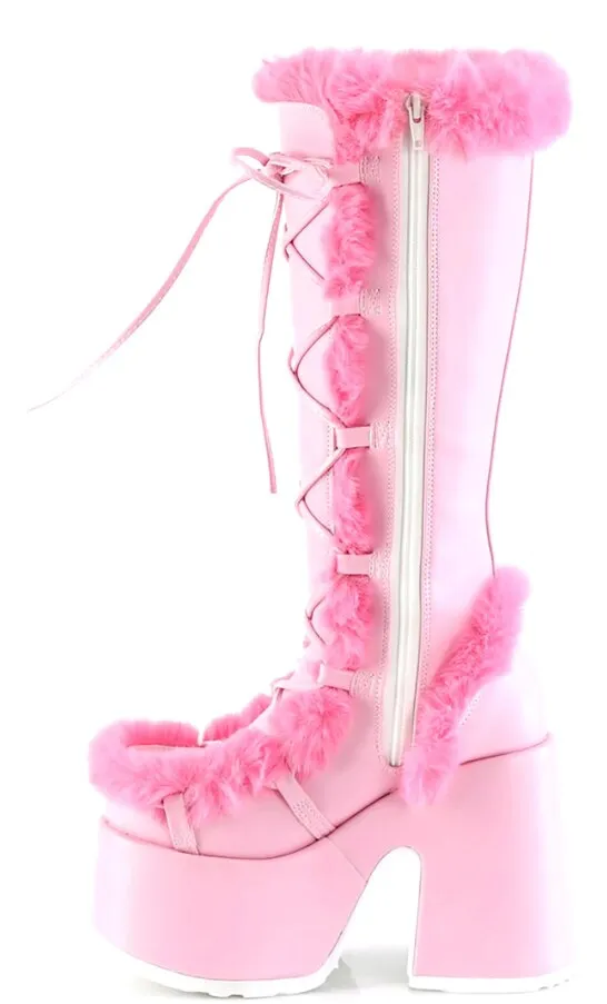 White Fur High Platform Boots High Chunky Heel Round Toe Mid Calf Boots Elegant Women Casual Outfit Winter Cross Tied Shoes