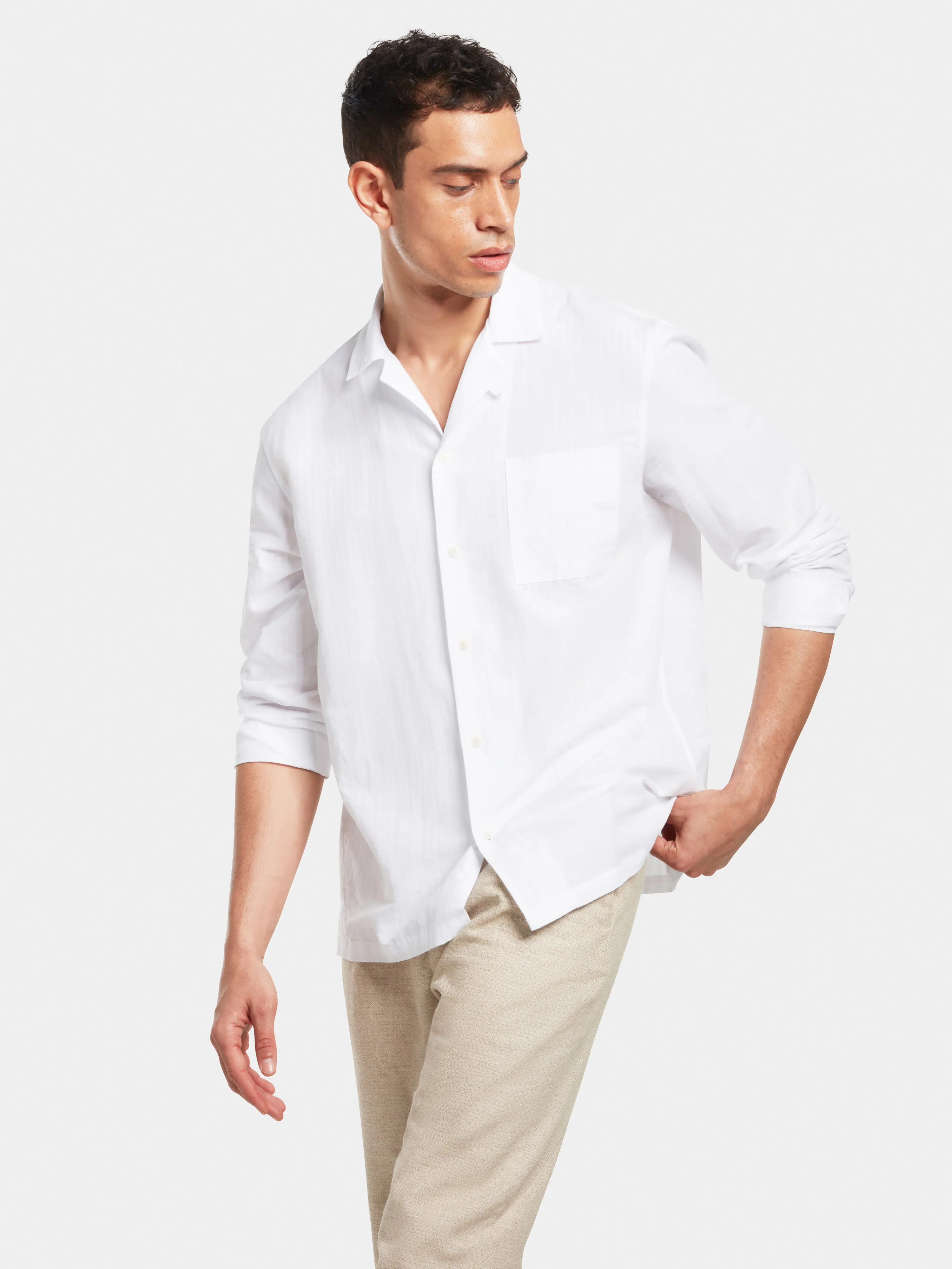 White Self Stripe Long Sleeve Cuban Shirt