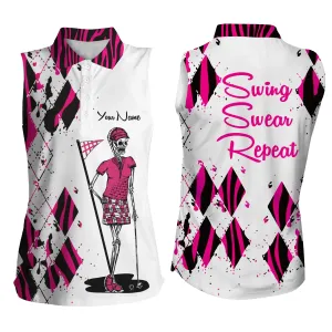 Women sleeveless polo shirts, custom ladies golf skull pink zebra pattern golf shirt swing swear repeat