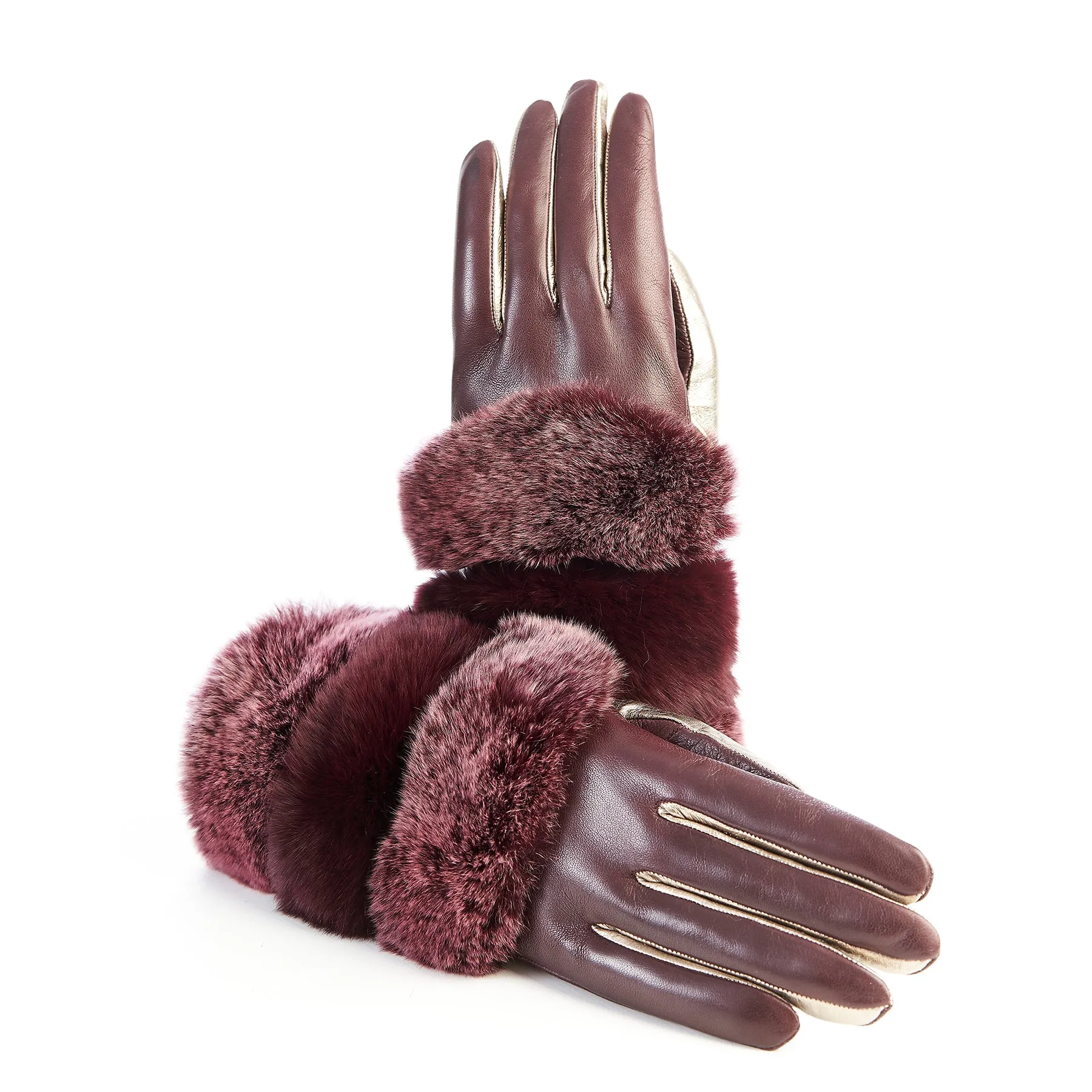 Women's bordeaux and gold nappa leather gloves with natural fur