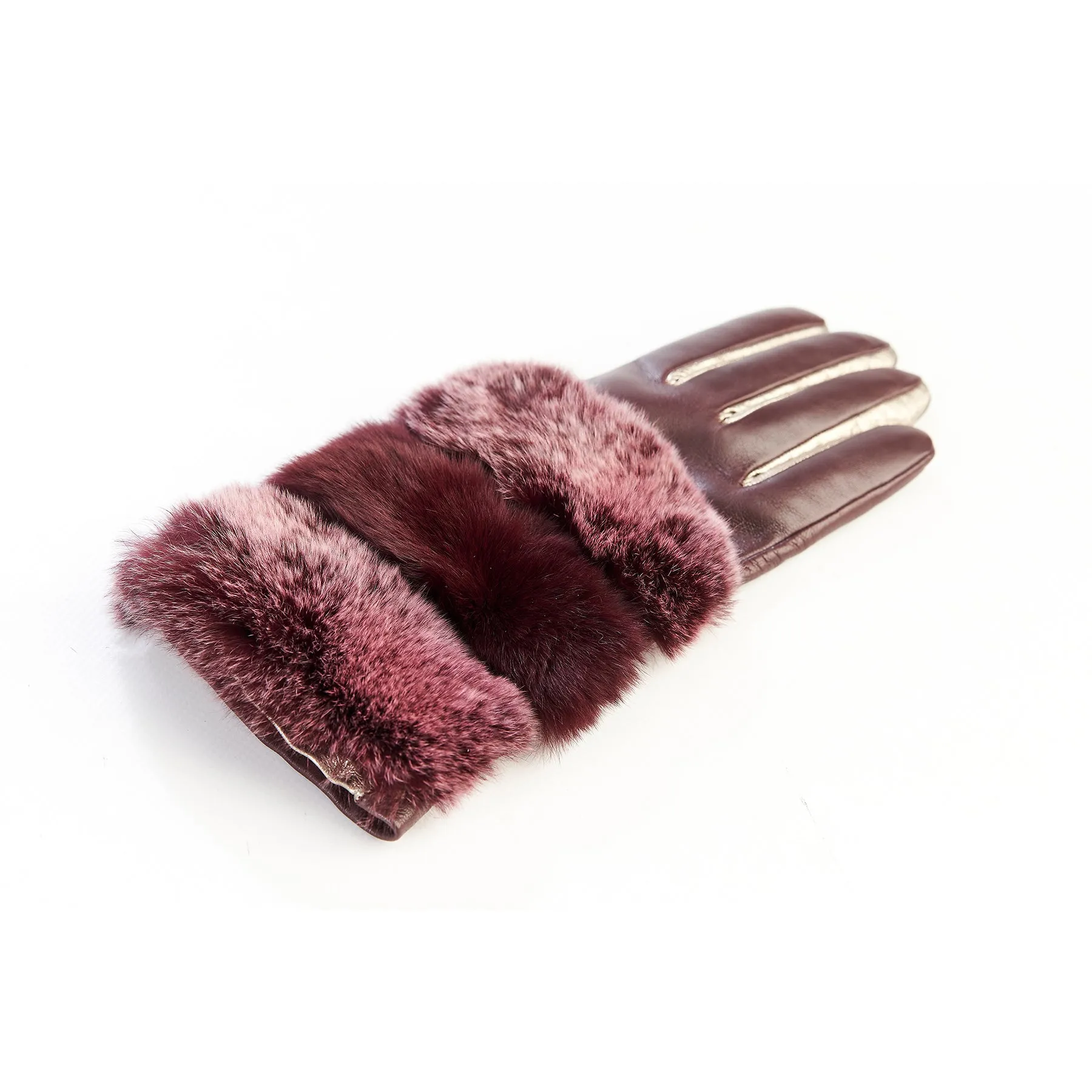 Women's bordeaux and gold nappa leather gloves with natural fur