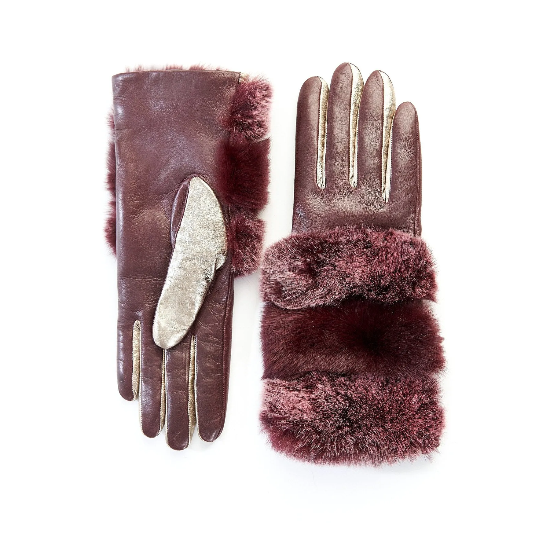Women's bordeaux and gold nappa leather gloves with natural fur