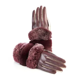Women's bordeaux and gold nappa leather gloves with natural fur