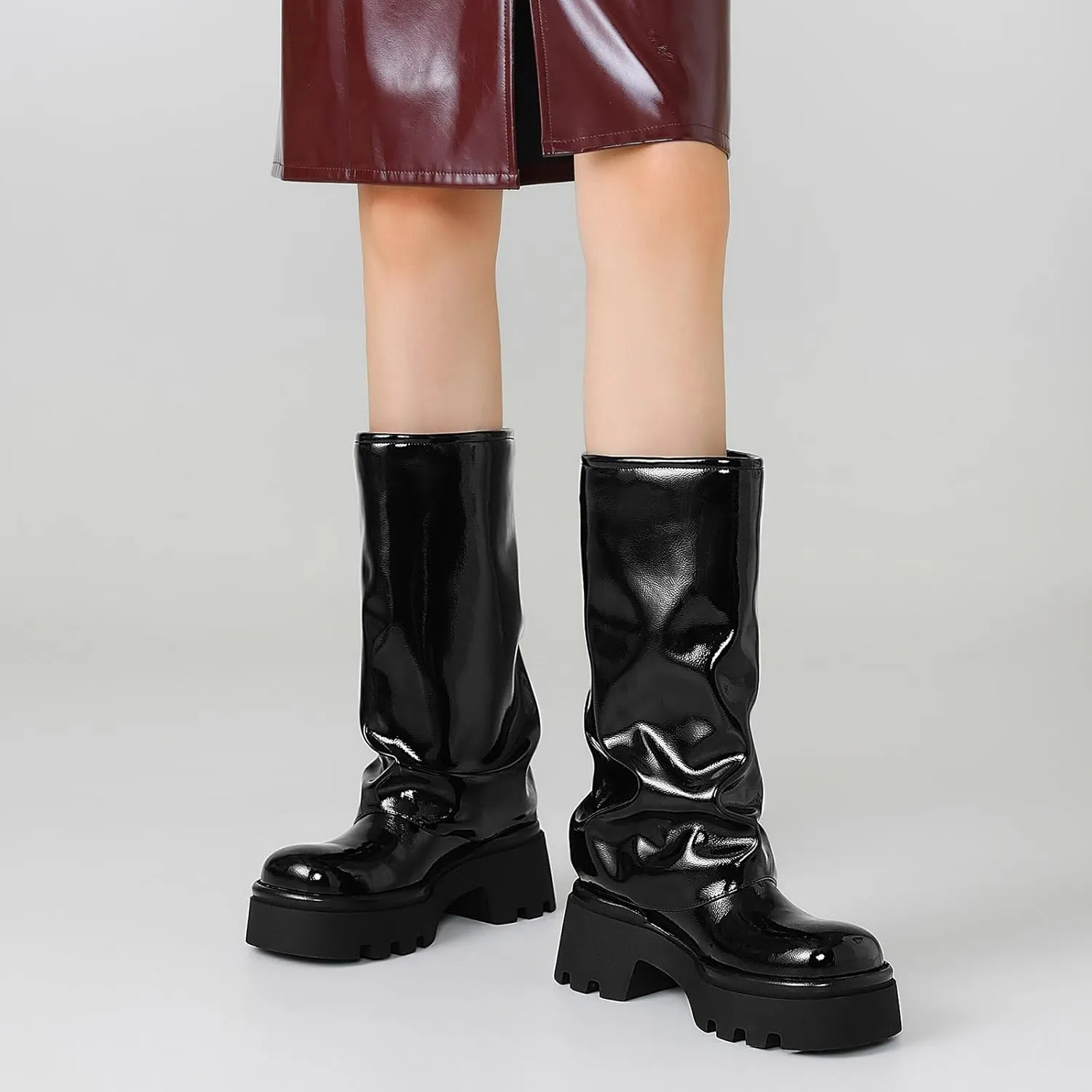 Women's Knee High Boots Comfortable Platform Round Toe Moto Boots Buckle Dress Fold Over Boots for Women