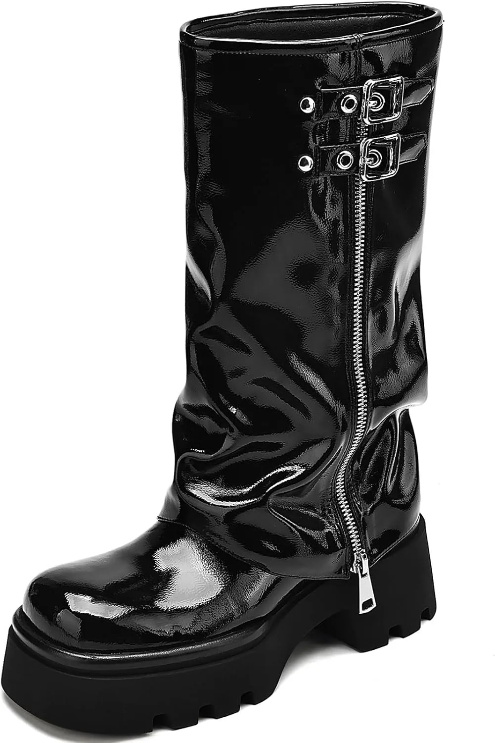 Women's Knee High Boots Comfortable Platform Round Toe Moto Boots Buckle Dress Fold Over Boots for Women