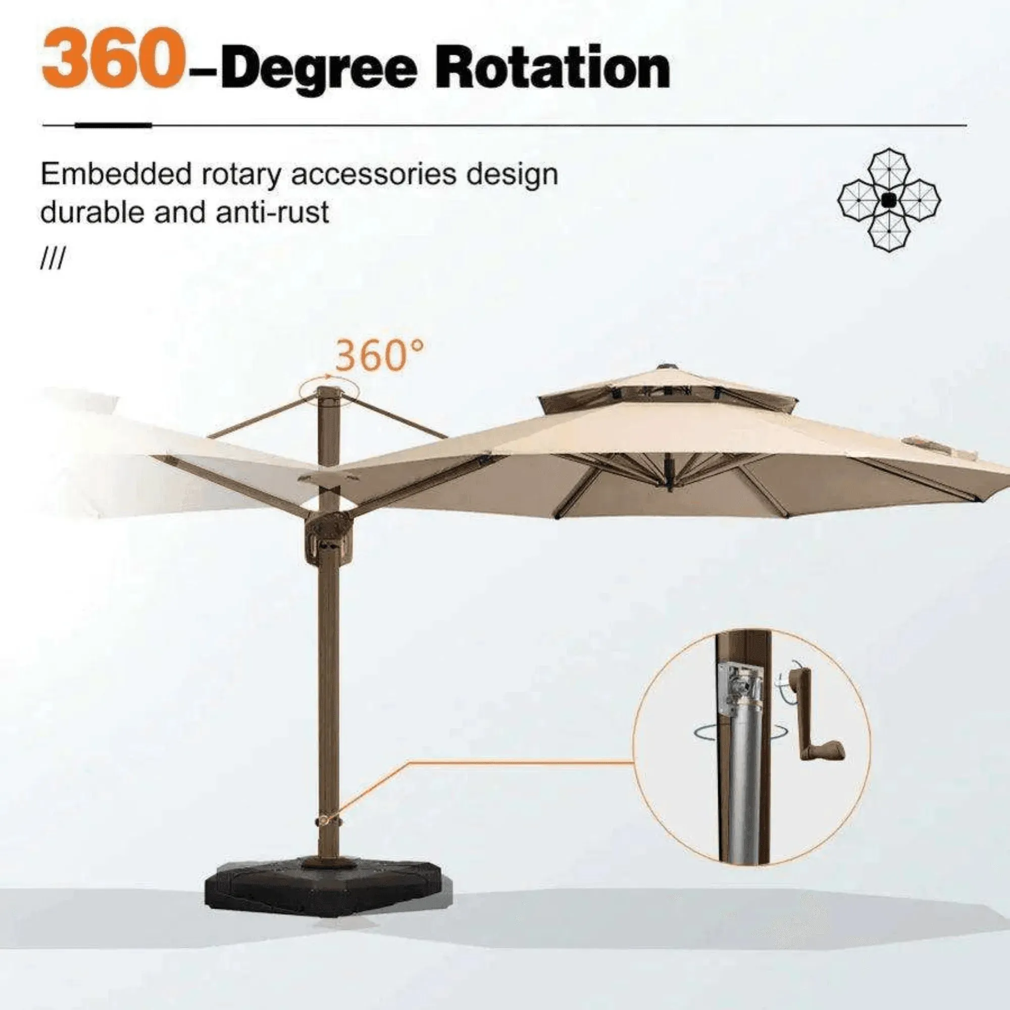 Wooden Twist Sunshade Aluminium Garden Water Base Round Umbrella with Rotating Handle Stylish Outdoor and UV-Resistant Canopy
