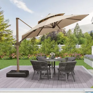 Wooden Twist Sunshade Aluminium Garden Water Base Round Umbrella with Rotating Handle Stylish Outdoor and UV-Resistant Canopy