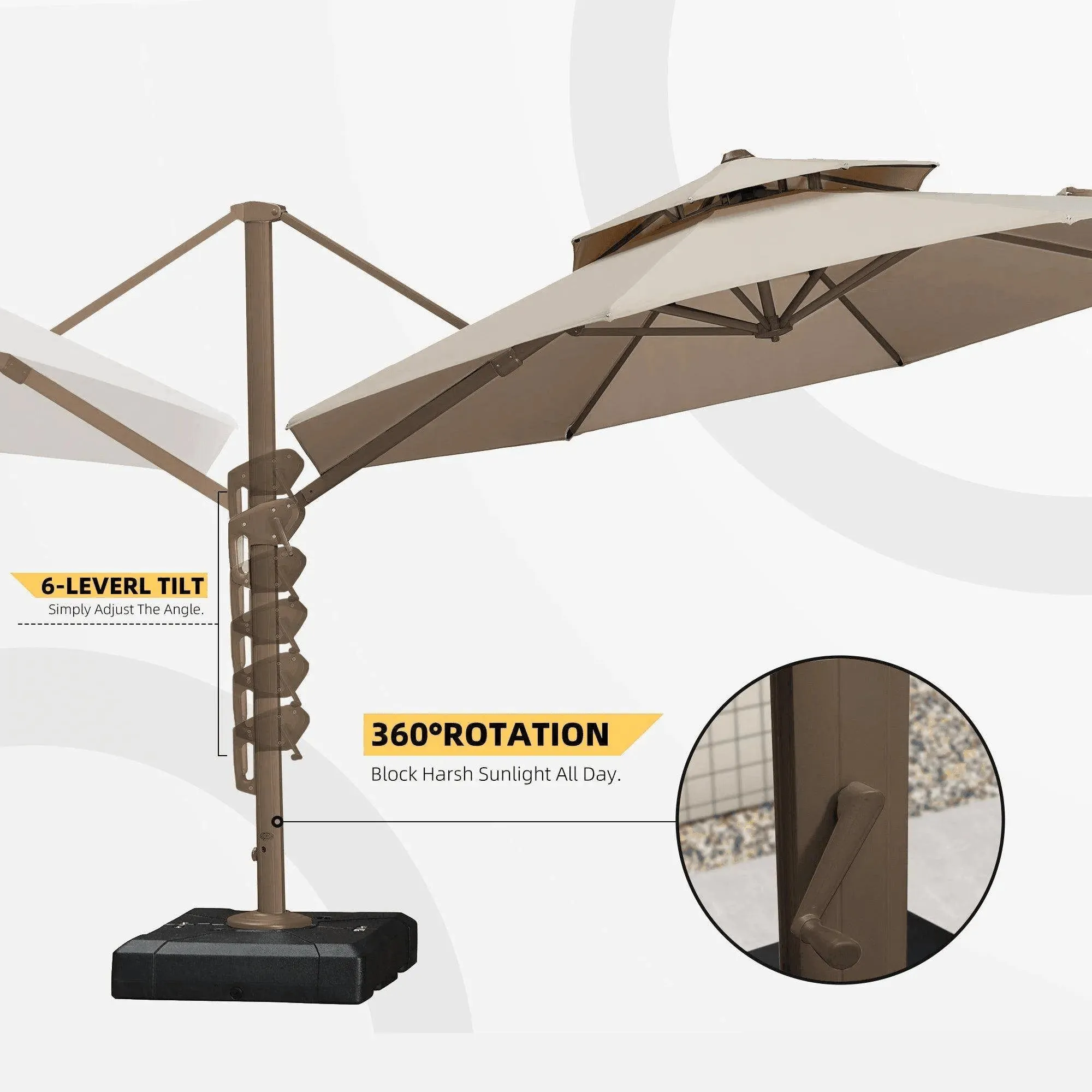 Wooden Twist Sunshade Aluminium Garden Water Base Round Umbrella with Rotating Handle Stylish Outdoor and UV-Resistant Canopy