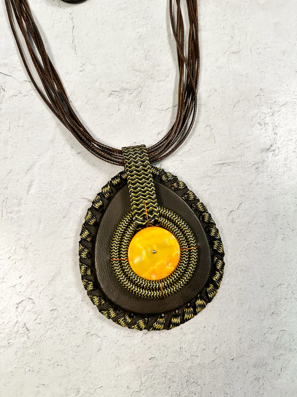 Woven Accent Pendant Necklace  & Earrings Set, Brown/Mustard