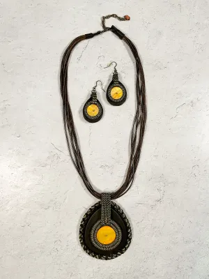 Woven Accent Pendant Necklace  & Earrings Set, Brown/Mustard