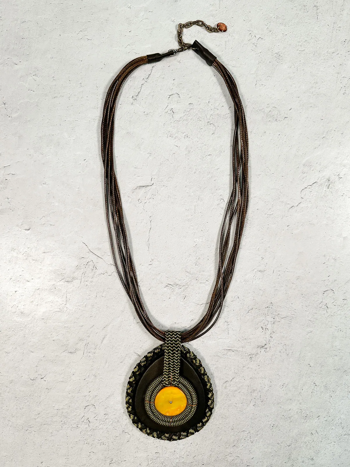 Woven Accent Pendant Necklace  & Earrings Set, Brown/Mustard